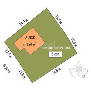 Дом 154м², 2-этажный, участок 6 сот.