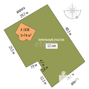 Дом 74м&sup2;, 1-этажный, участок 12 сот.  