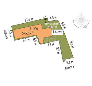 Дом 52м&sup2;, 1-этажный, участок 2 сот.  