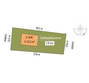 Дом 76м&sup2;, 1-этажный, участок 6 сот.  