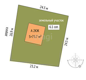 Дом 74м&sup2;, 2-этажный, участок 6 сот.  