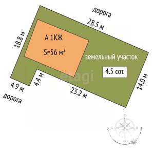 Дом 56м², 1-этажный, участок 7 сот.  