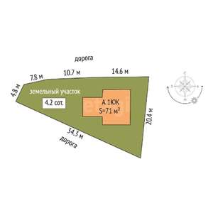 Дом 71м&sup2;, 1-этажный, участок 4 сот.  