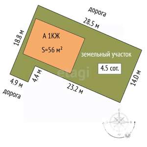 Дом 56м², 1-этажный, участок 7 сот.  