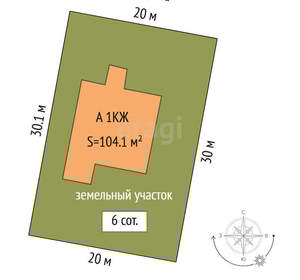 Дом 104м², 1-этажный, участок 6 сот.  