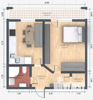 1-к квартира, посуточно, 42м2, 4/10 этаж