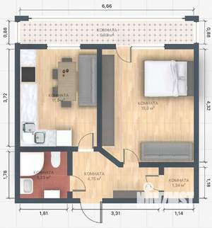 1-к квартира, посуточно, 42м2, 1/1 этаж