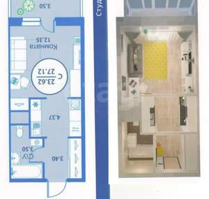 Студия квартира, на длительный срок, 24м2, 17/19 этаж