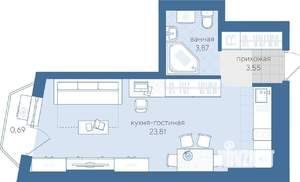 Студия квартира, на длительный срок, 33м2, 4/9 этаж