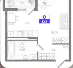 Студия квартира, на длительный срок, 32м2, 2/9 этаж