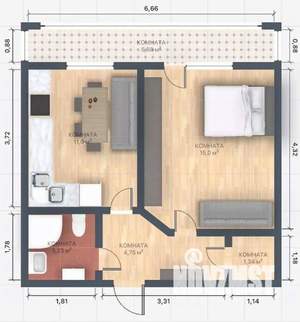 1-к квартира, посуточно, 42м2, 1/1 этаж
