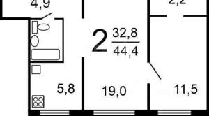 2-к квартира, на длительный срок, 45м2, 4/5 этаж