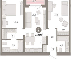 2-к квартира, вторичка, 74м2, 4/11 этаж