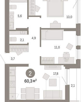 2-к квартира, вторичка, 60м2, 9/17 этаж