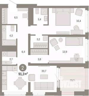 2-к квартира, вторичка, 91м2, 12/25 этаж