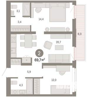 2-к квартира, вторичка, 70м2, 4/8 этаж