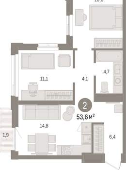 2-к квартира, вторичка, 54м2, 18/25 этаж