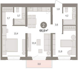 2-к квартира, вторичка, 67м2, 6/16 этаж