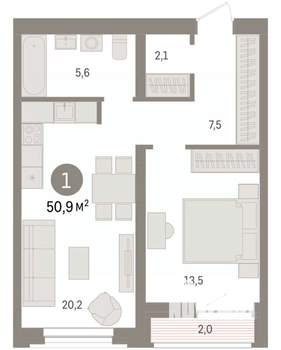 1-к квартира, вторичка, 51м2, 5/8 этаж