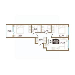 2-к квартира, вторичка, 53м2, 2/14 этаж