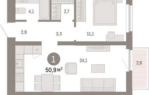 1-к квартира, вторичка, 51м2, 5/16 этаж