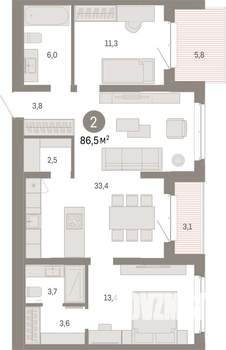 2-к квартира, вторичка, 87м2, 6/7 этаж