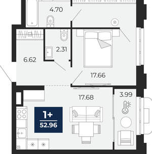 1-к квартира, вторичка, 53м2, 2/24 этаж