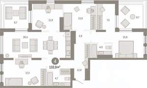 4-к квартира, вторичка, 134м2, 15/15 этаж