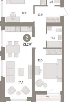 2-к квартира, вторичка, 72м2, 6/10 этаж