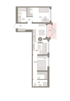 2-к квартира, вторичка, 71м2, 3/8 этаж