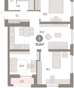 3-к квартира, вторичка, 76м2, 15/16 этаж