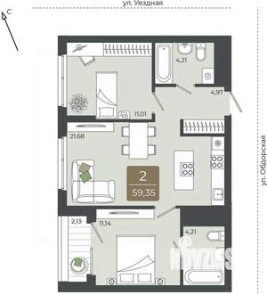2-к квартира, вторичка, 59м2, 14/15 этаж