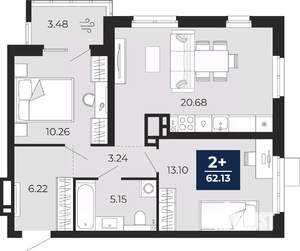 2-к квартира, вторичка, 62м2, 2/20 этаж