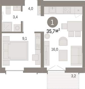1-к квартира, вторичка, 36м2, 4/16 этаж