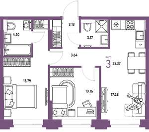 3-к квартира, вторичка, 55м2, 6/25 этаж