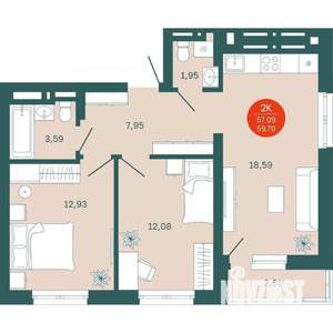 2-к квартира, вторичка, 57м2, 2/19 этаж