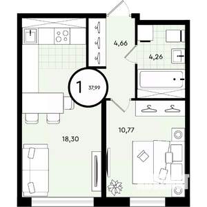 1-к квартира, строящийся дом, 38м2, 2/4 этаж