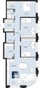 3-к квартира, вторичка, 103м2, 2/24 этаж