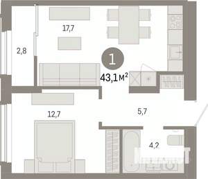 1-к квартира, вторичка, 43м2, 7/17 этаж