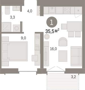 1-к квартира, вторичка, 35м2, 5/16 этаж