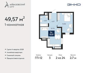 1-к квартира, вторичка, 50м2, 2/24 этаж