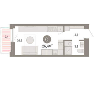 Студия квартира, вторичка, 26м2, 2/16 этаж