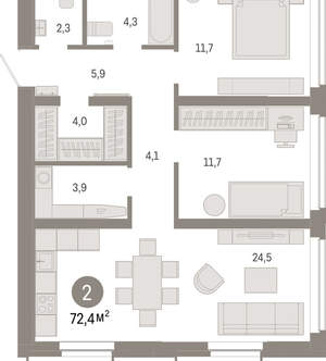 2-к квартира, вторичка, 72м2, 11/16 этаж