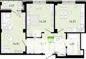 2-к квартира, строящийся дом, 62м2, 4/21 этаж