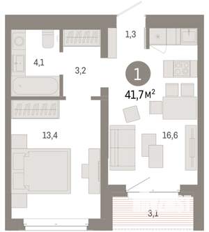 1-к квартира, вторичка, 42м2, 6/11 этаж