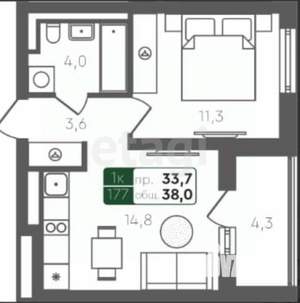 1-к квартира, вторичка, 34м2, 4/4 этаж