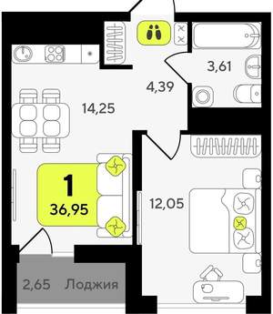 1-к квартира, вторичка, 37м2, 7/19 этаж