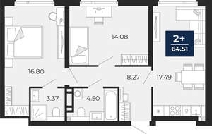2-к квартира, вторичка, 65м2, 19/22 этаж