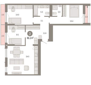 3-к квартира, вторичка, 91м2, 2/8 этаж