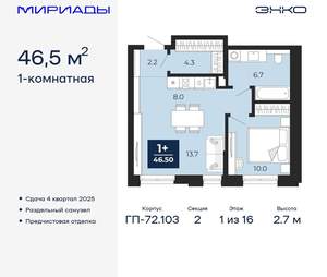 Студия квартира, вторичка, 47м2, 1/16 этаж